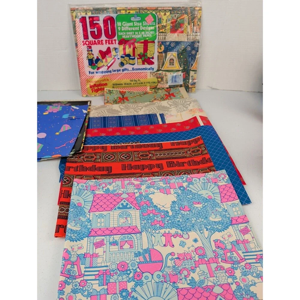 Lot of Vtg. Gift Wrapping Paper 26 Sheets 1960s, 1970s 1980s Sealed & Unsealed